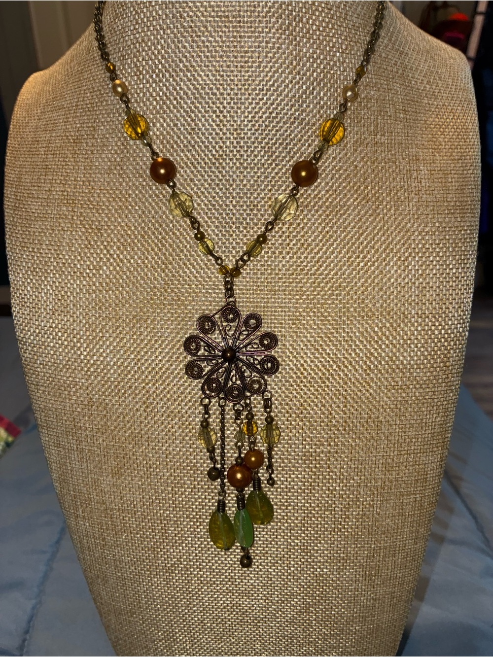 Boho Green and Amber Filigree Pendant Necklace